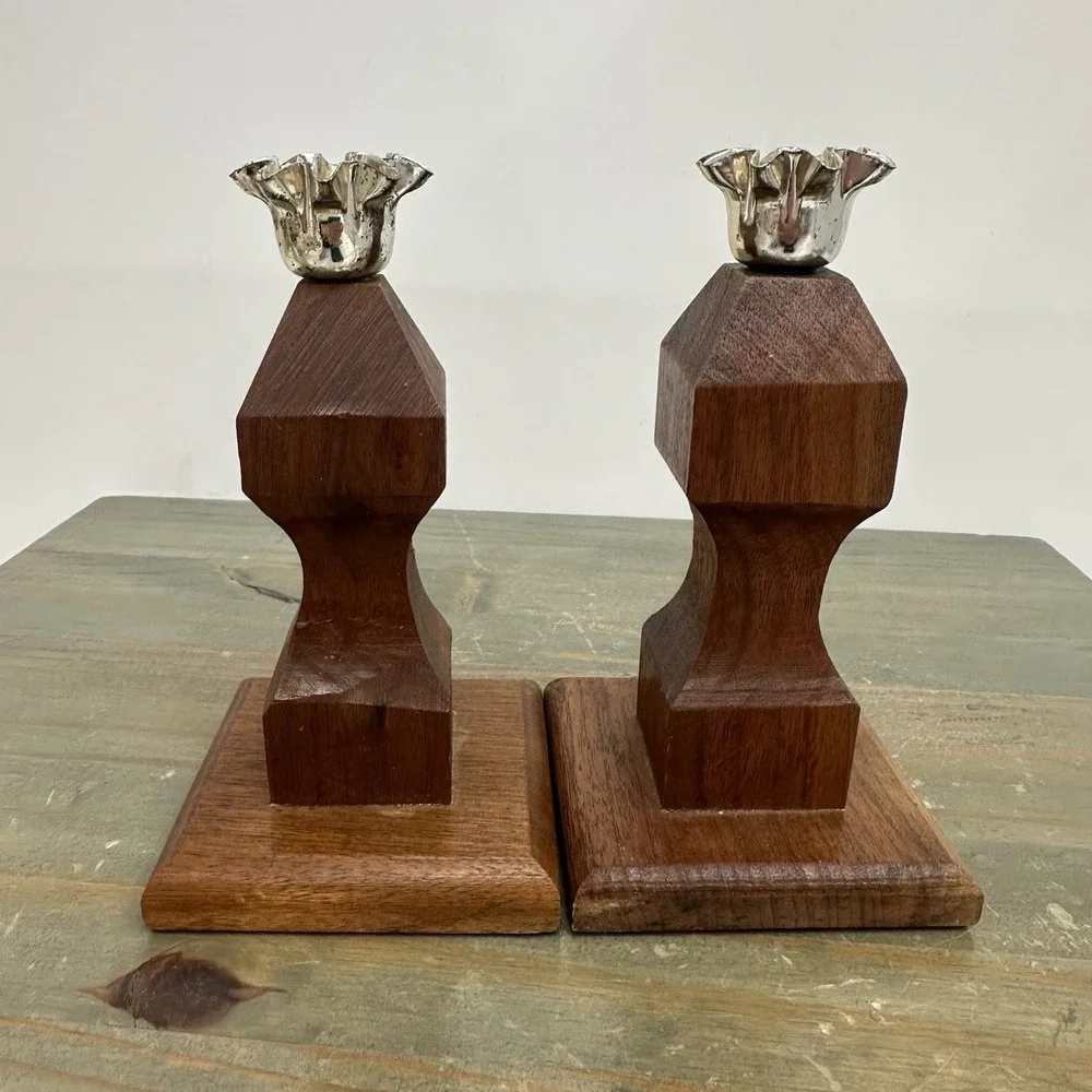 Vintage Mid Century Wood Candle Holders Pair Geometric Carved Taper Candlesticks
